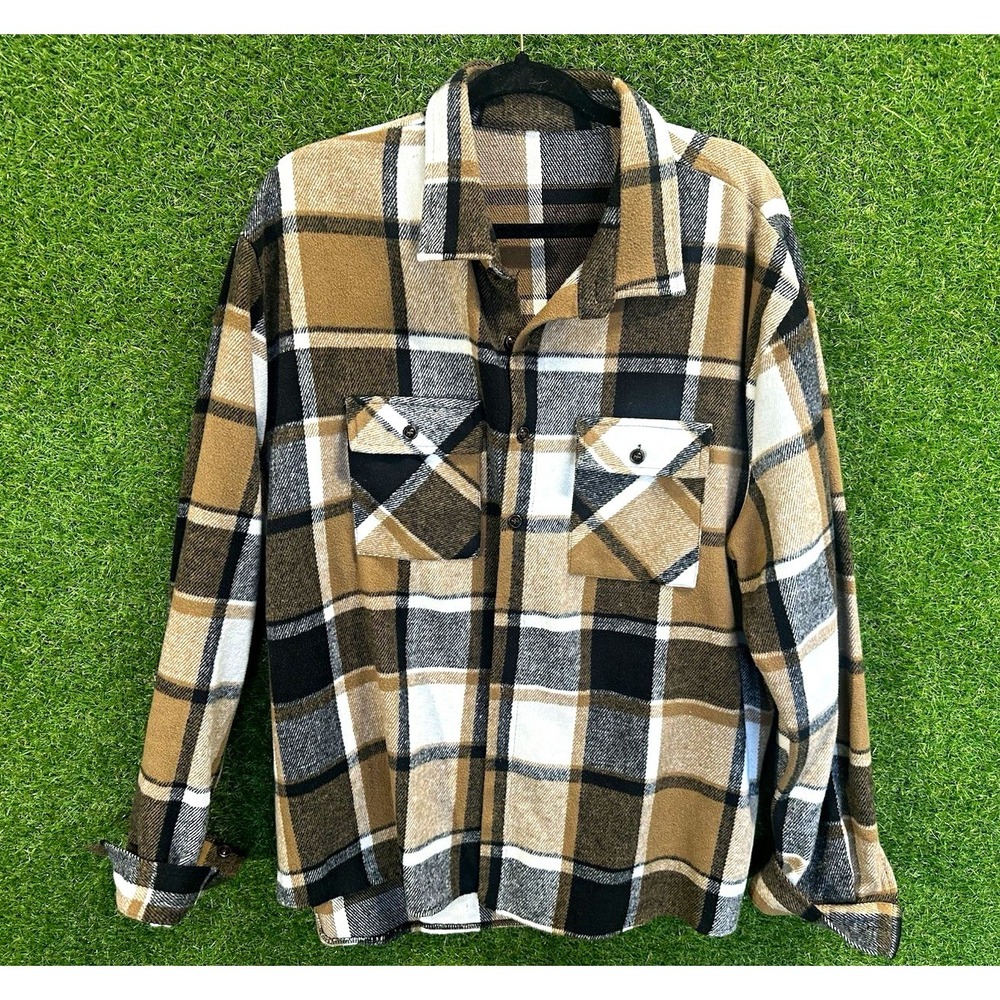 Zaful Cotton Flannel Plaid Long Sleeve Button-Up Shirt Pockets 2XL Brown/Blk/Wht
